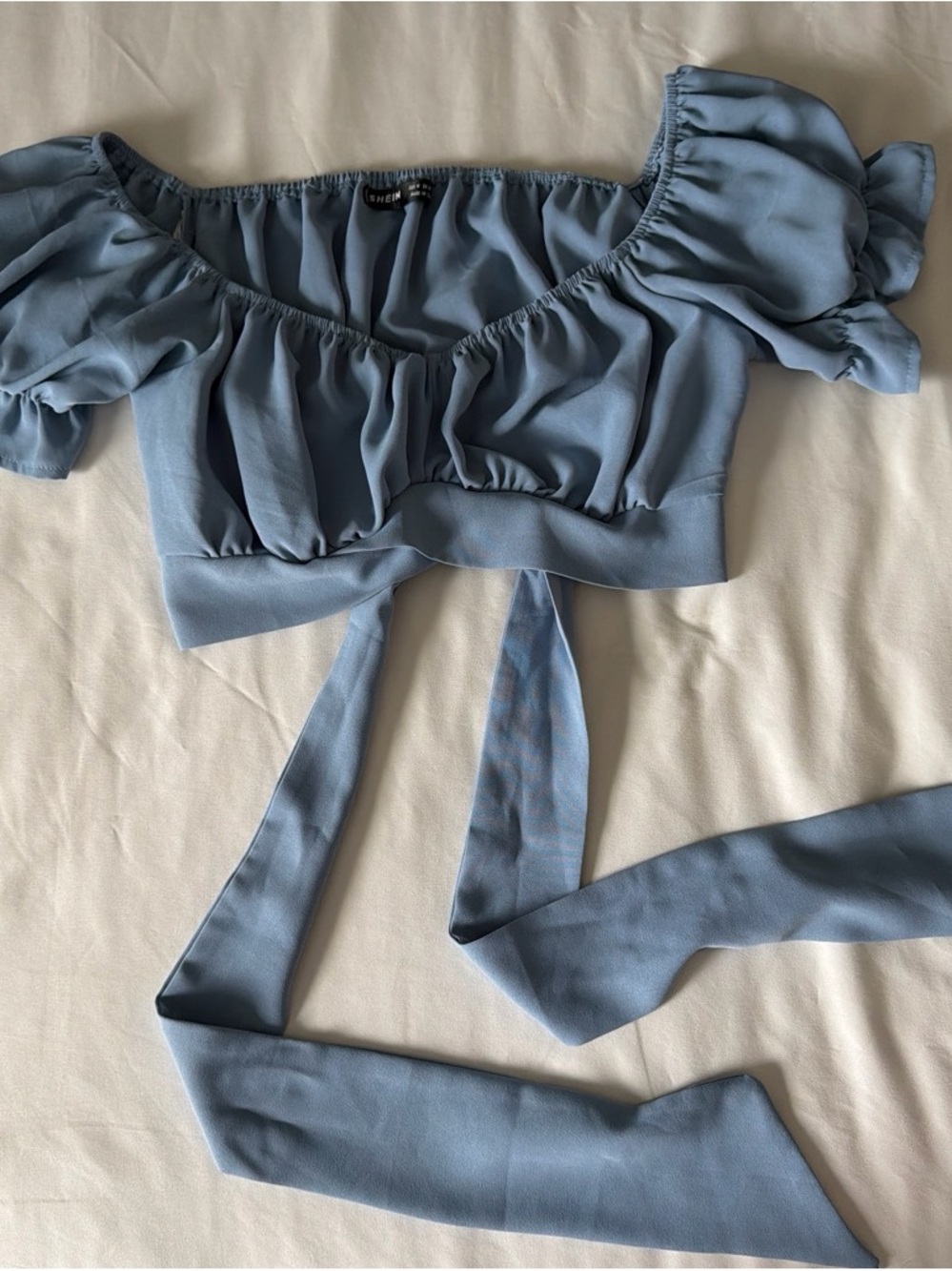 SHEIN Dusty Blue Off-Shoulder Tie-Back Crop Blouse